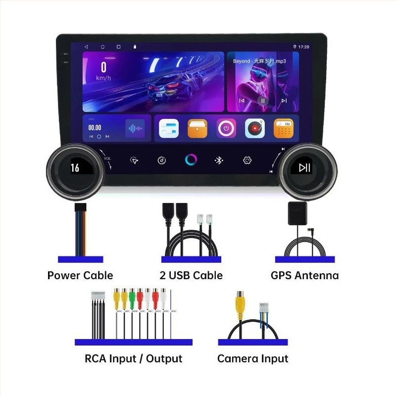 Autós Android navigáció CarPlay‑kel — kettős gombos vezérlés, IPS kijelző, 12V táplálás, teljesítmény 50×4, kompatibilis Toyota/Hyundai/Kia/Honda/Nissan