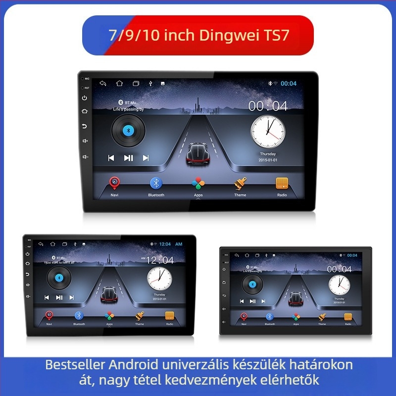 Androidos autó navigációs fejegység Bluetooth‑kal, Wi‑Fi‑vel és GPS‑szel, 1024×600 kijelző, 12V tápegység, 45W×4, univerzális kompatibilitás