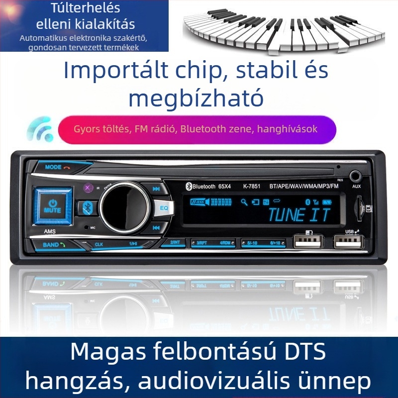 Autó rádió Bluetooth MP3 lejátszóval, modell K-7851, 12V/24V DC tápegység, ISO interfész, FM rádió, monokróm kijelző