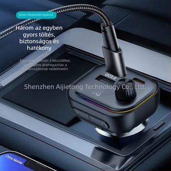 Autós Bluetooth MP3 lejátszó FM átjátszóval és PD 30W QC3.0 gyors töltéssel (Modell T92, Márka Agetunr, 12-24V, QC+PD interfész)
