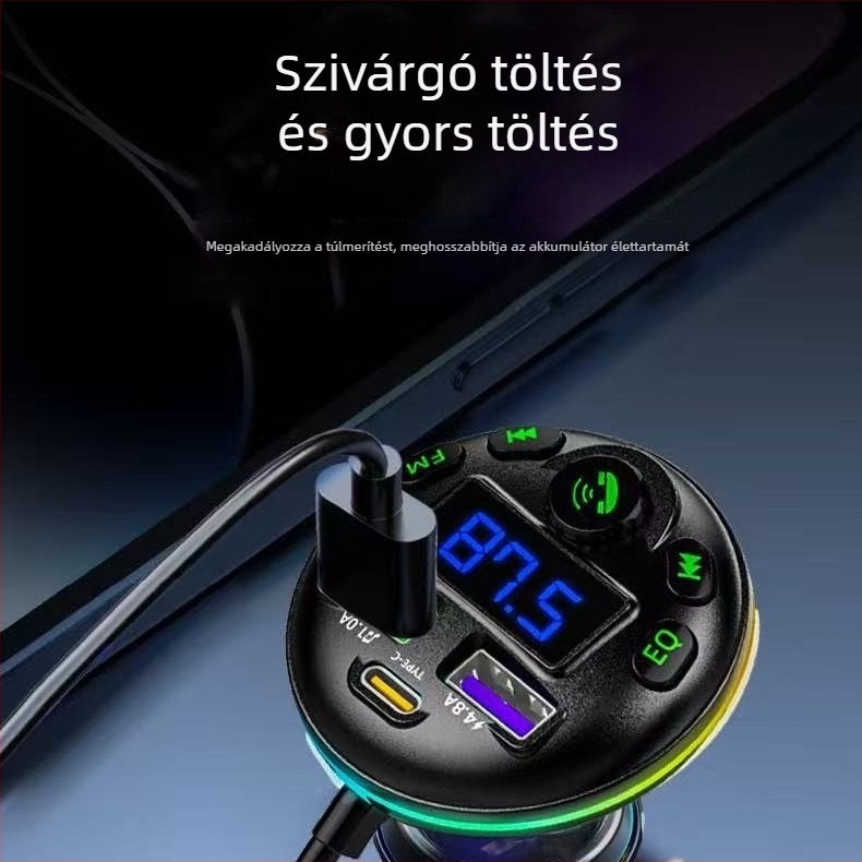 Autós Bluetooth FM átjátszó digitális kijelzővel, QC3.0 USB PD, 12–24V autó tápellátás