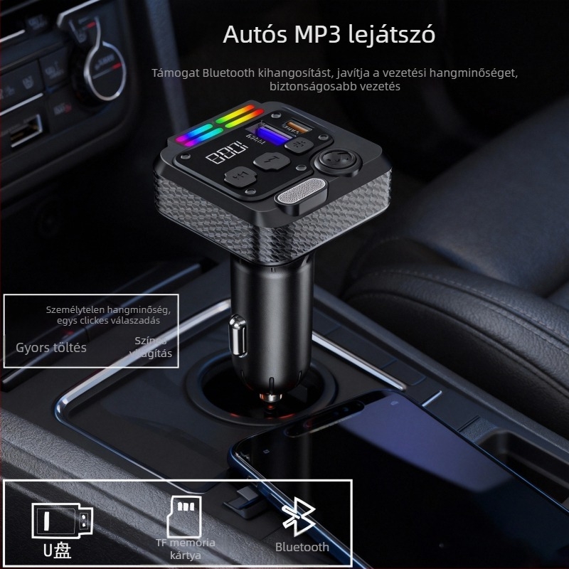 Autóba szóló MP3 lejátszó Lossless hangzással, Bluetooth-vevő, USB interfész, 12–24V tápegység, FM rádió, Modell QC-08