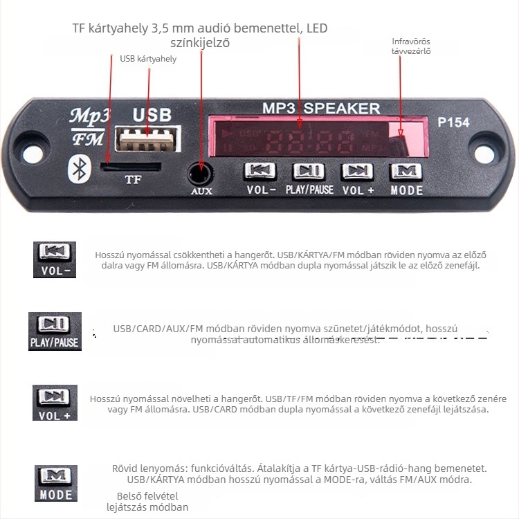 Gold-P154 MP3 erősítő modul, COLD márkájú, autóba szerelhető