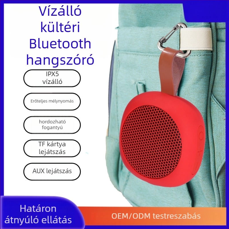 Asztali és kültéri használatra tervezett Bluetooth hordozható mini hangszóró, IPX5 vízálló, 5W teljesítmény, Bluetooth 5.3, beépített 800–1000 mAh akkumulátor, frekvenciaválasz 100 Hz–20 kHz