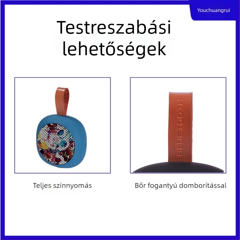 Asztali és kültéri használatra tervezett Bluetooth hordozható mini hangszóró, IPX5 vízálló, 5W teljesítmény, Bluetooth 5.3, beépített 800–1000 mAh akkumulátor, frekvenciaválasz 100 Hz–20 kHz