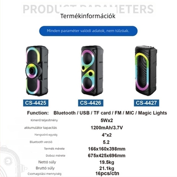 Bluetooth hangszóró két hangszóróval, Bluetooth 5.2, kimenet 10-20W, FM rádió, beépített 2000-4000 mAh akkumulátor