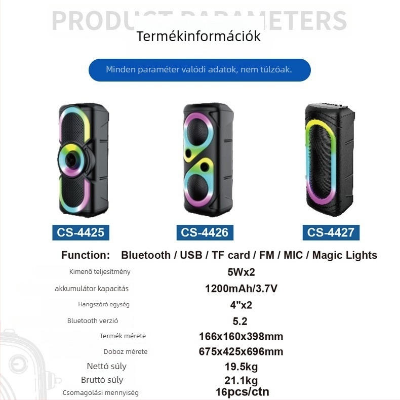 Bluetooth hangszóró két hangszóróval, Bluetooth 5.2, kimenet 10-20W, FM rádió, beépített 2000-4000 mAh akkumulátor