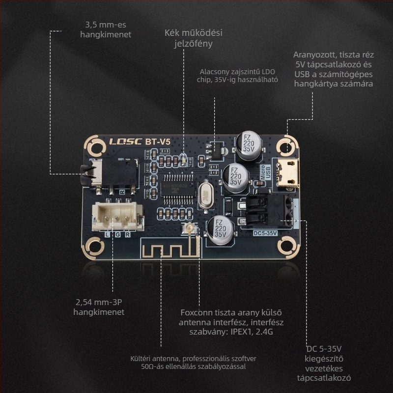 MP3 Bluetooth dekódoló tábla 5.1-es hangfal erősítővel autóhoz (BT-V5; alacsony zajú LDO chip; Bluetooth név: LQSC_BT; Tápfeszültség: DC5V-35V)
