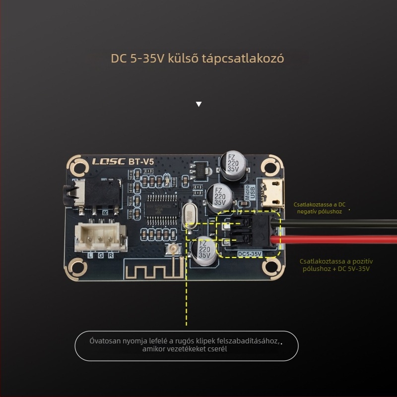MP3 Bluetooth dekódoló tábla 5.1-es hangfal erősítővel autóhoz (BT-V5; alacsony zajú LDO chip; Bluetooth név: LQSC_BT; Tápfeszültség: DC5V-35V)