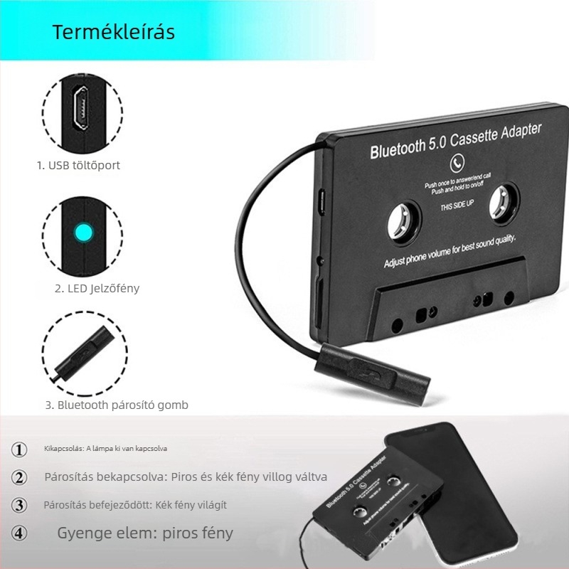 Bluetooth autó kazettás adapter MP3 lejátszó, USB, 512MB tárhely, 5V tápegység, 1 óra lejátszás