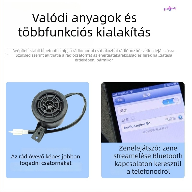 Motorkerékpár Bluetooth hangrendszer MP3-vel, FM rádióval, lopás elleni védelemmel és távirányítóval