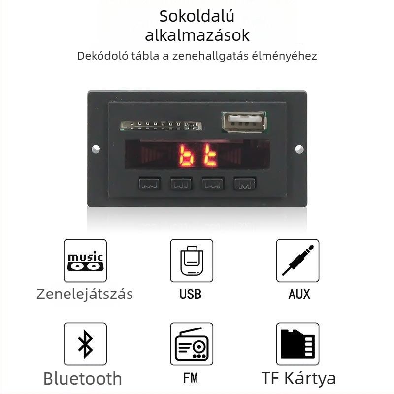 Bluetooth MP3 dekóder panel autóhanghoz – veszteségmentes hangzás, memória kikapcsolás után, modell VTF-022BT V2.2, JL-chip, 5V/12V, SNR 70 dB