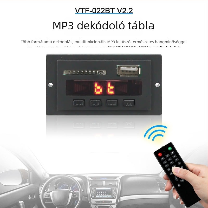 Bluetooth MP3 dekóder panel autóhanghoz – veszteségmentes hangzás, memória kikapcsolás után, modell VTF-022BT V2.2, JL-chip, 5V/12V, SNR 70 dB