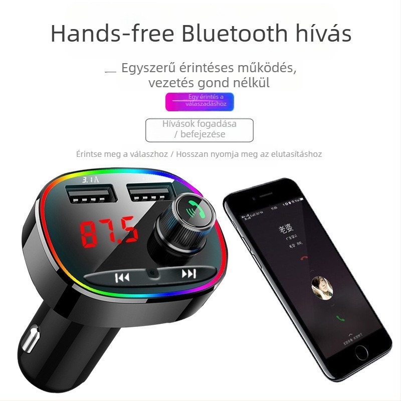 Autós MP3-lejátszó 3.1A intelligens gyorstöltés, Bluetooth FM adó, USB lejátszás, 12–24V tápegység