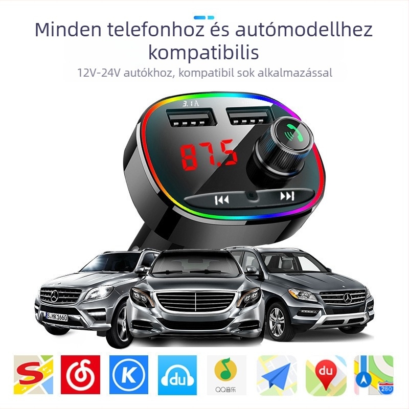 Autós MP3-lejátszó 3.1A intelligens gyorstöltés, Bluetooth FM adó, USB lejátszás, 12–24V tápegység