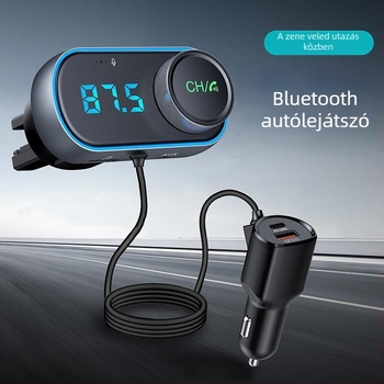 Autó Bluetooth FM átjátszó adó QC3.0 és PD gyors töltéssel, modell T78, bemenet 12–24 V, USB interfész, FM továbbítás, 1,3 hüvelykes monokróm kijelző
