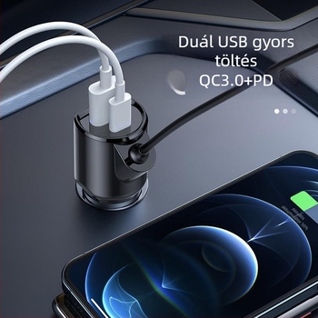 Autó Bluetooth FM átjátszó adó QC3.0 és PD gyors töltéssel, modell T78, bemenet 12–24 V, USB interfész, FM továbbítás, 1,3 hüvelykes monokróm kijelző