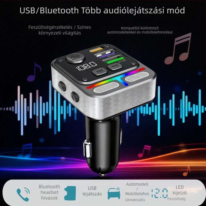 Autós töltő gyors töltéssel, Bluetooth MP3 lejátszó, FM rádió, USB meghajtó olvasása (QC-05 modell, 12–24 V)