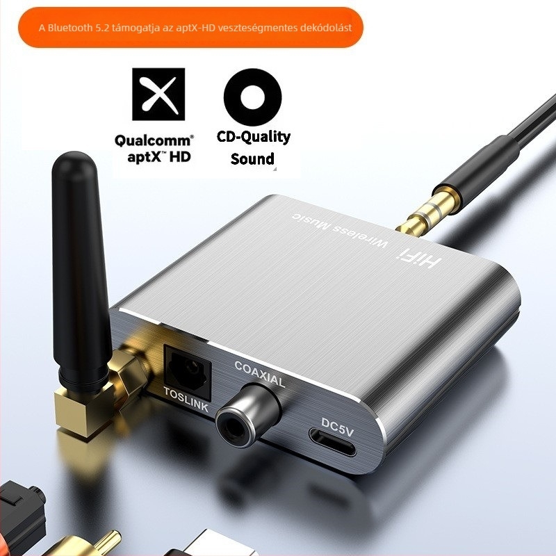 D300 Vezeték nélküli Bluetooth 5.2 vevő és AUX audio adapter aptX Low Latency-vel, 3,5 mm/koaxiális interfész, Plug-and-Play, külső tápegységgel