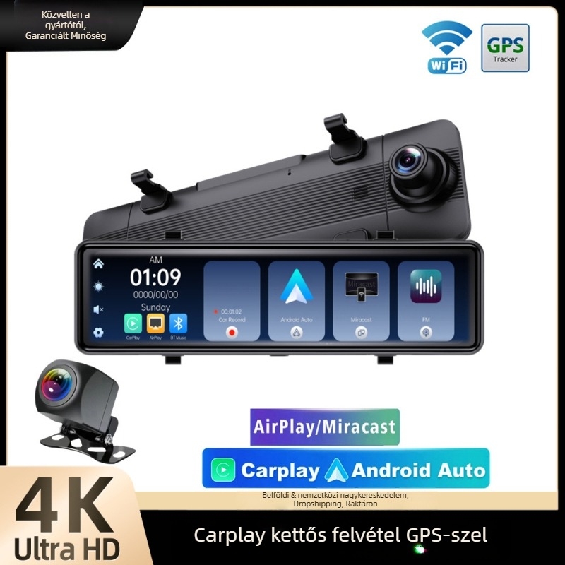 Első és hátsó dupla felvételes dash cam, 4K (2160p), CarPlay kompatibilis, GPS útvonal, Wi‑Fi