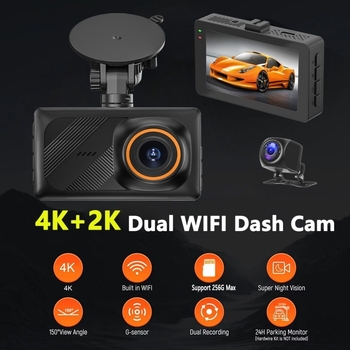 Kétobjektívű fedélzeti kamera: előre 4K + hátra 2K, 170° látószög, Wi‑Fi, ciklikus felvétel, ütközésérzékelés