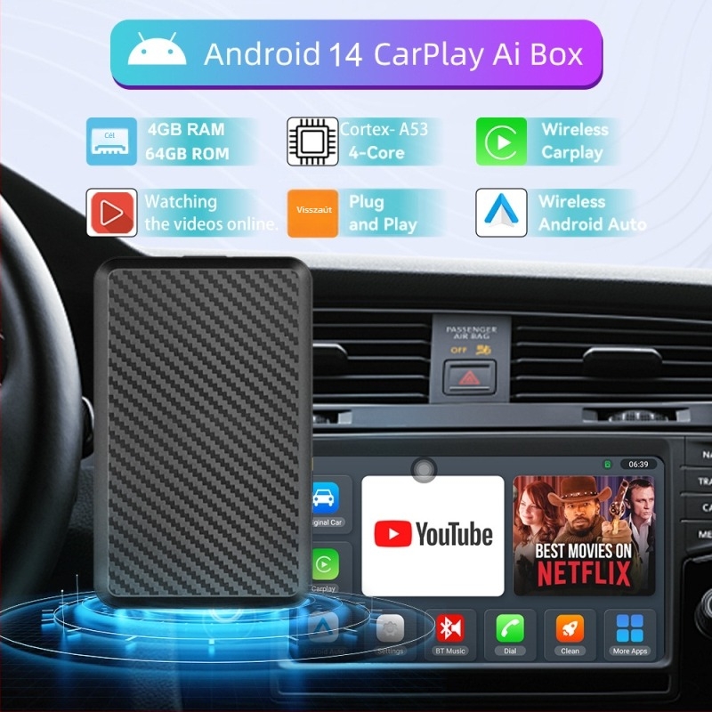 A5 Pro CarPlay Vezeték nélküli Doboz Android Auto – Quad‑core CPU, 4GB RAM, 64GB tárhely, Android 13, Type-C/TF