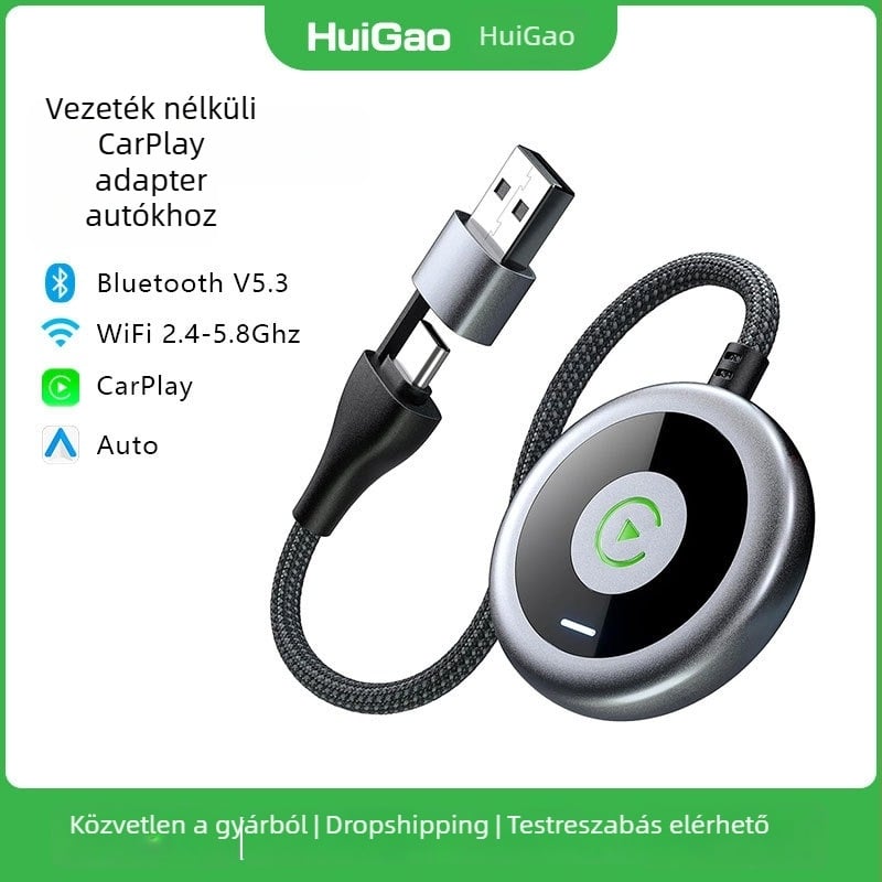 Két interfészes vezeték nélküli CarPlay adapter autókhoz - Plug and Play, kétmagos CPU, 2 GB RAM, 16 GB ROM, USB-C, iOS