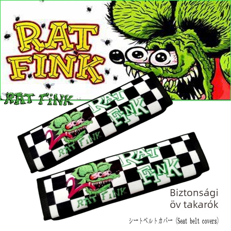 Autó biztonsági öv vállpárna – JDM, Rat Fink dizájn, rövid plüssanyag, belső dekoráció