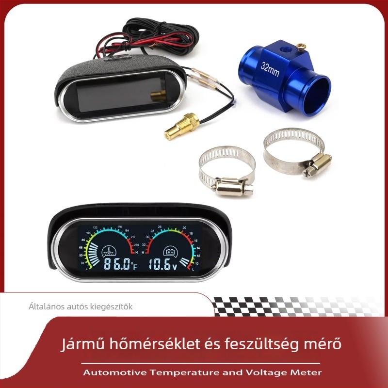 12V-24V Autó- és teherautó víz hőmérséklet mérő és voltmérő – digitális kijelző, műanyag mérőegység + fém szenzor, radiális típus