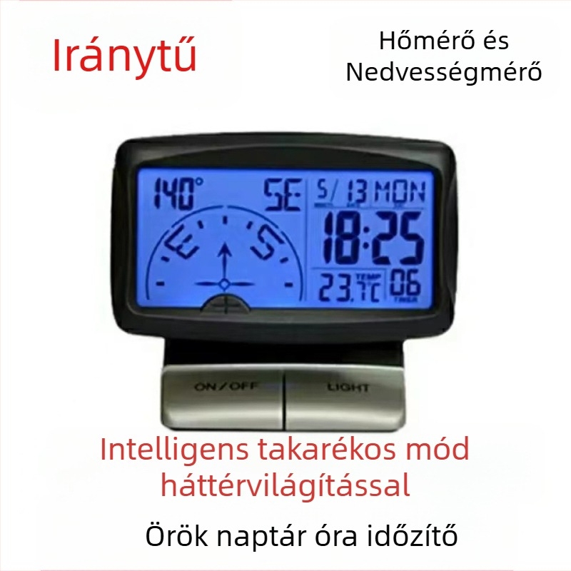 Autós iránytű kültéri használatra, nagy pontosságú, többfunkciós idő- és hőmérséklet funkciókkal, műanyag kivitel