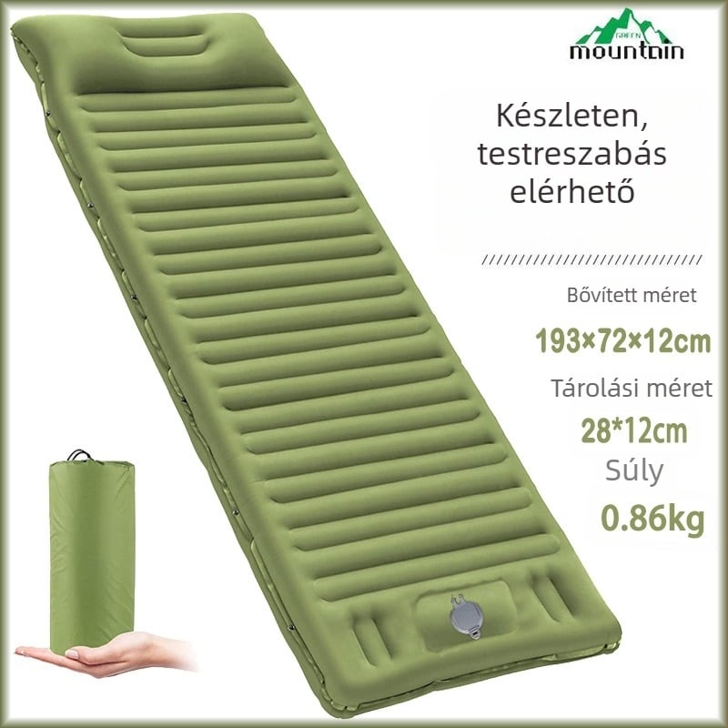 Kültéri felfújható ágy húzóhevederrel; hordozható kemping- és autóhasználatra alkalmas levegő matrac; tömeg 0,86 kg; maximális terhelés 200 kg; felső felület 40D nylon TPU