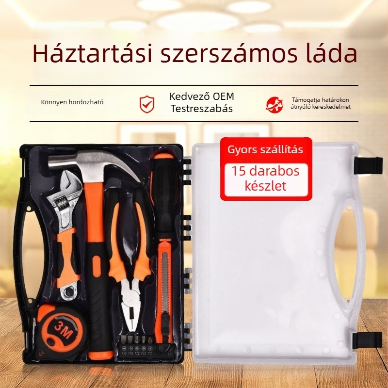 Szerszámkészlet dobozban — 15 részes, hordozható, kemény ötvözet (háztartási felhasználás)