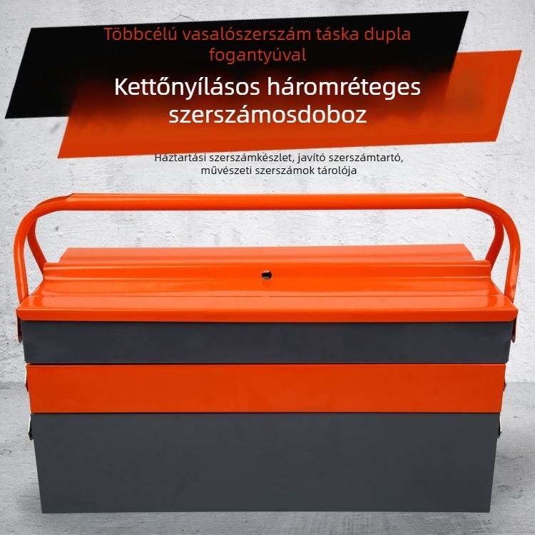 Háromszintes, öt rekeszű szerszámtároló doboz vas váz, hidegen hengerelt lemez, spray-plasztik felület, kézi hordozású