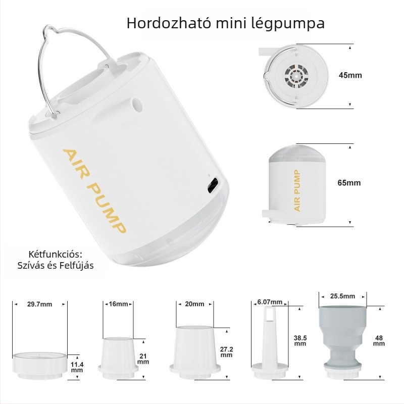 Volip USB-s tápellátású 80W hordozható mini levegőpumpa otthoni és kültéri használatra, digitális kijelző, világítás, légáram >70 L/min