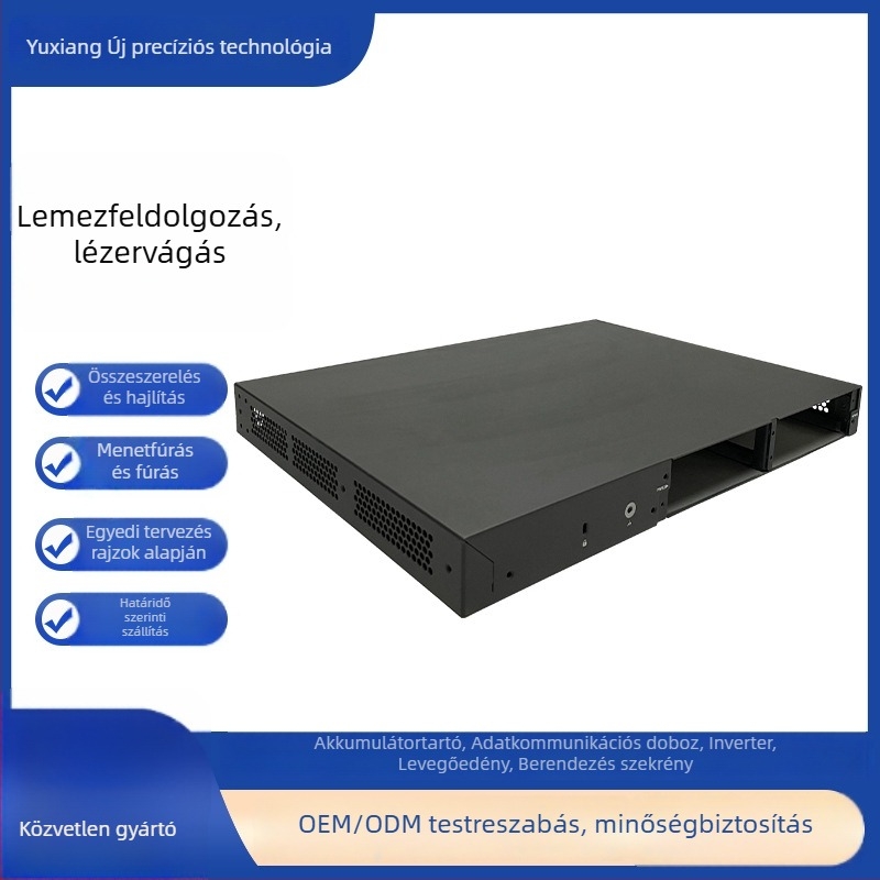 Elektronikai lemezből készült burkolat | Anyagok: rozsdamentes acél, alumínium ötvözet, réz, cink ötvözet, molibdén; Vastagság: 0,5–20 mm; Feldolgozás: lézeres vágás, nyomás, hajlítás, CNC fúrás; Felületkezelés: mattítás, polírozás, oxidáció, galvanizálás;