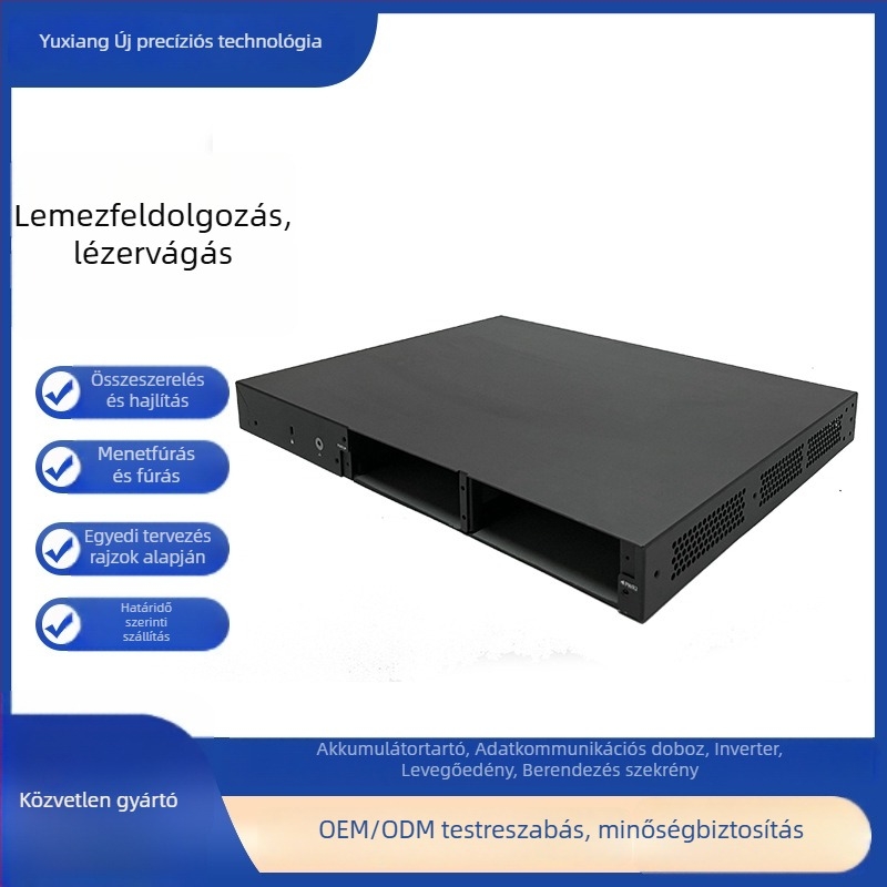 Elektronikai lemezből készült burkolat | Anyagok: rozsdamentes acél, alumínium ötvözet, réz, cink ötvözet, molibdén; Vastagság: 0,5–20 mm; Feldolgozás: lézeres vágás, nyomás, hajlítás, CNC fúrás; Felületkezelés: mattítás, polírozás, oxidáció, galvanizálás;