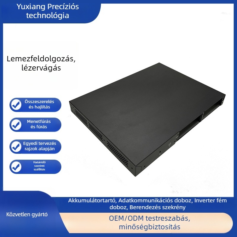 Elektronikai lemezből készült burkolat | Anyagok: rozsdamentes acél, alumínium ötvözet, réz, cink ötvözet, molibdén; Vastagság: 0,5–20 mm; Feldolgozás: lézeres vágás, nyomás, hajlítás, CNC fúrás; Felületkezelés: mattítás, polírozás, oxidáció, galvanizálás;