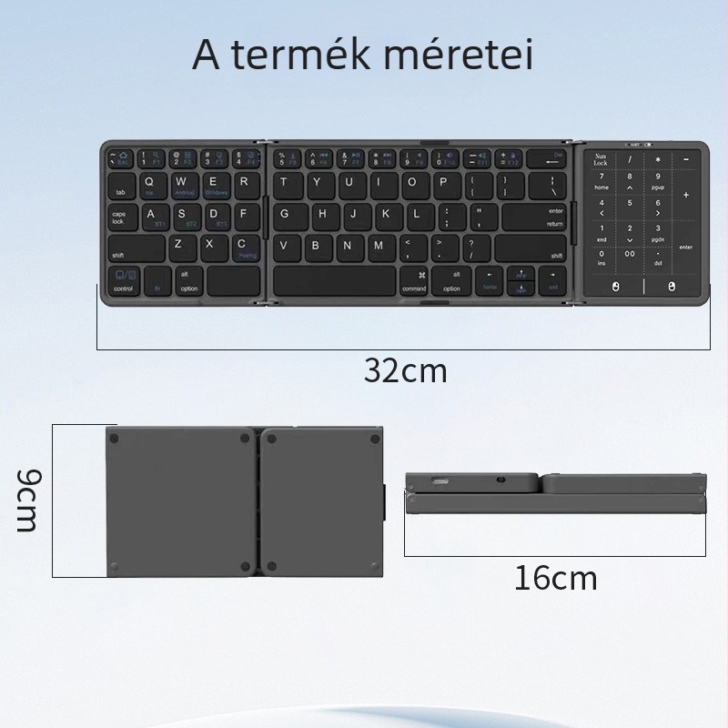 Összecsukható Bluetooth billentyűzet Type-C töltéssel és nagy érintőpaddal, digitális irodai használatra