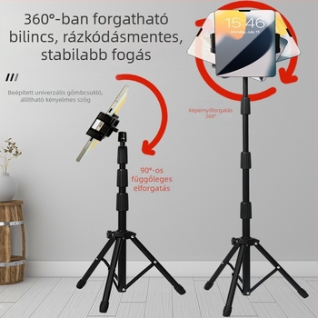 Padlóra állítható háromszög alakú tabletatartó emelőmechanizmussal; beltéri és kültéri használatra; kompatibilis 4,7–13,9 hüvelykes táblagépekkel; ideális mobil élő közvetítéshez és az ágy melletti nézéshez.