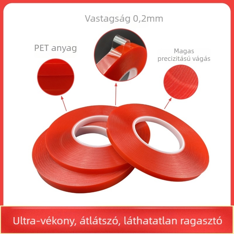 0,2 mm PET kétszeres oldalú ragasztó, átlátszó piros fólia, varrat nélküli, magas hőmérséklet-állóságú, kijelző keretekhez és digitális összeállításokhoz