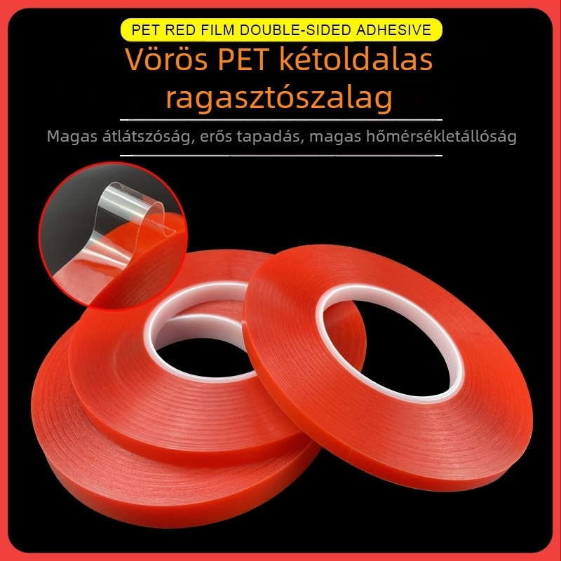0,2 mm PET kétszeres oldalú ragasztó, átlátszó piros fólia, varrat nélküli, magas hőmérséklet-állóságú, kijelző keretekhez és digitális összeállításokhoz