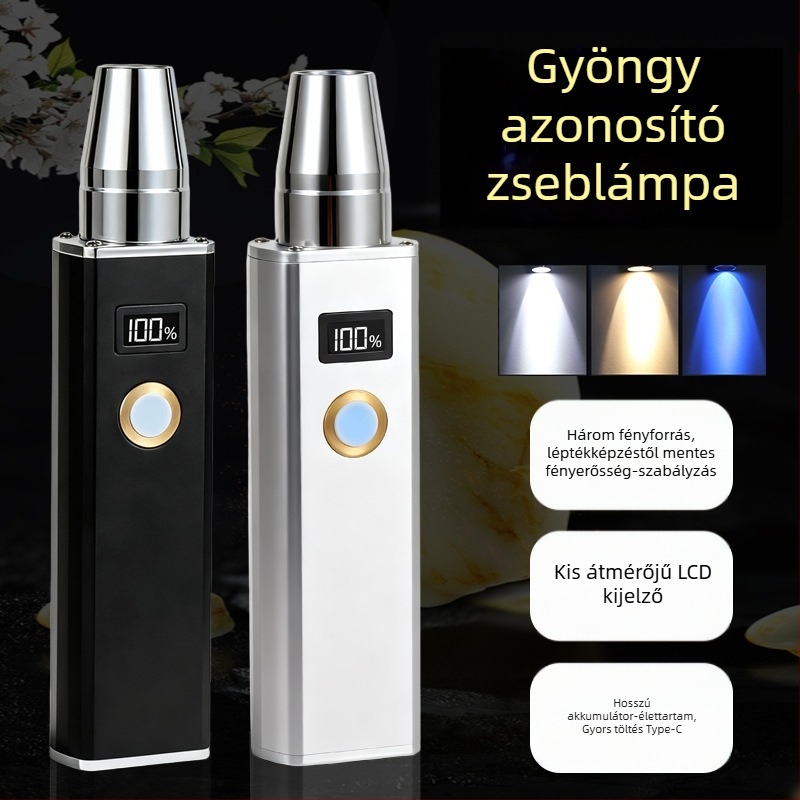 Három fényforrással rendelkező LED zseblámpa jáde és ékszerek azonosításához — 30W, 2000mAh, hatótáv 50–100 m, üzemidő 4–8 óra