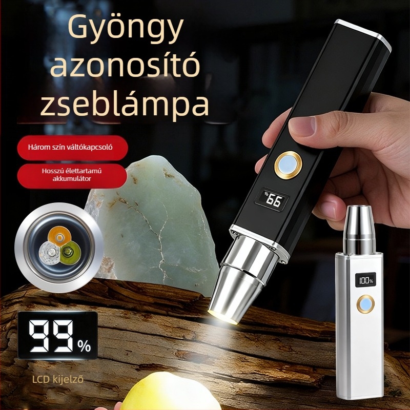 Három fényforrással rendelkező LED zseblámpa jáde és ékszerek azonosításához — 30W, 2000mAh, hatótáv 50–100 m, üzemidő 4–8 óra