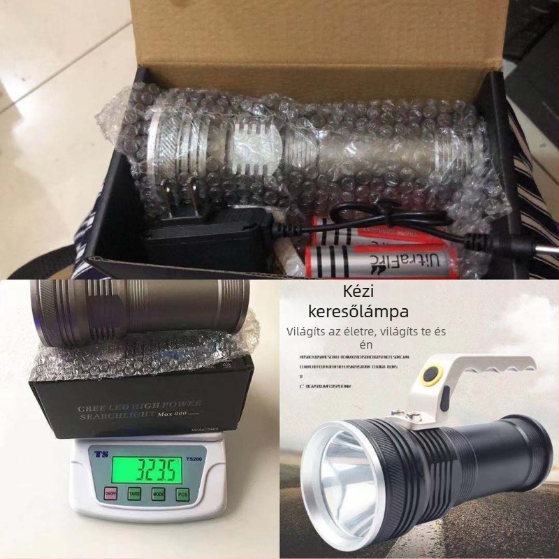 LED elemlámpa, kézi tekeréses működés, hatótávolság 200–500 m, 6800mAh akkumulátor, 5W teljesítmény