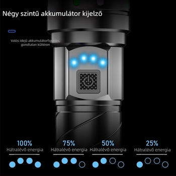 Lézeres hosszú hatótávolságú zseblámpa, alumíniumötvözet test, 10W, 2500mAh akkumulátor, 100–200 m hatótávolság