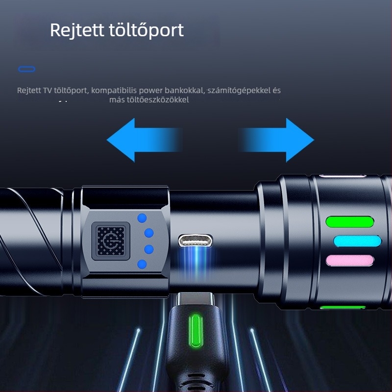 Lézeres hosszú hatótávolságú zseblámpa, alumíniumötvözet test, 10W, 2500mAh akkumulátor, 100–200 m hatótávolság