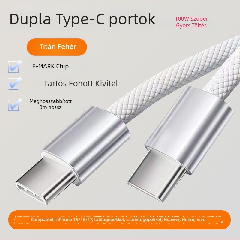 PD-100W gyors töltés USB-C kábel iPhone 15/16/17, Huawei, Honor és Vivo táblagép