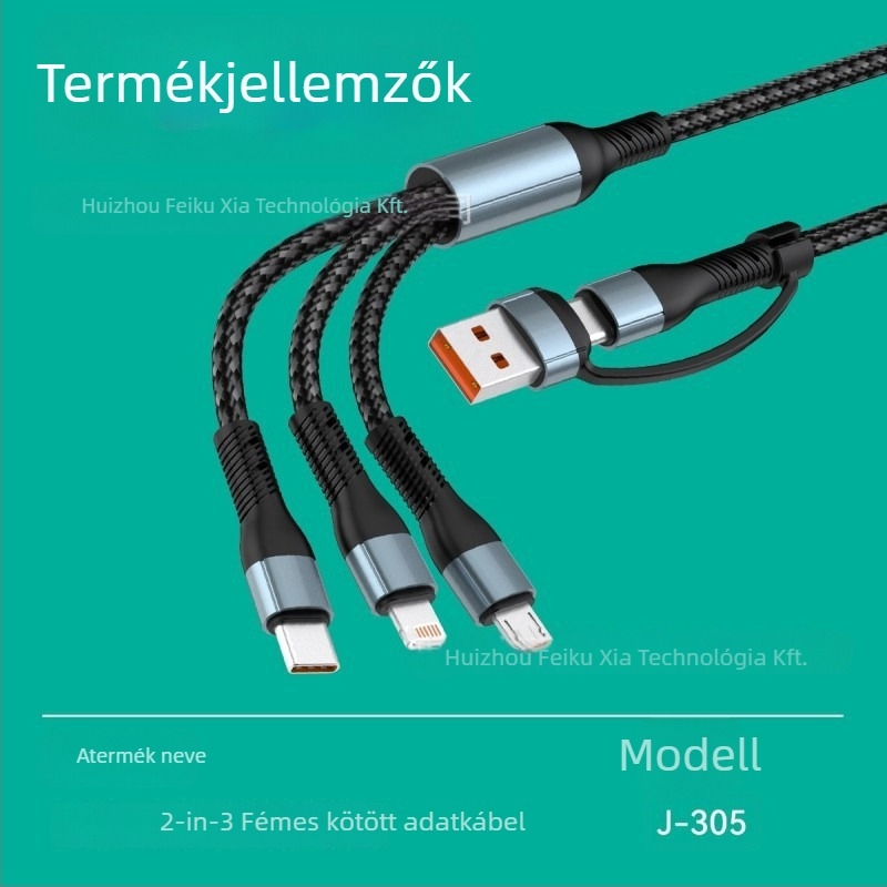 Öt az egyben 200W gyors töltésű adatkábel Lightning, OTG, Micro USB és Type-C, hossz 1,2 m, fonott