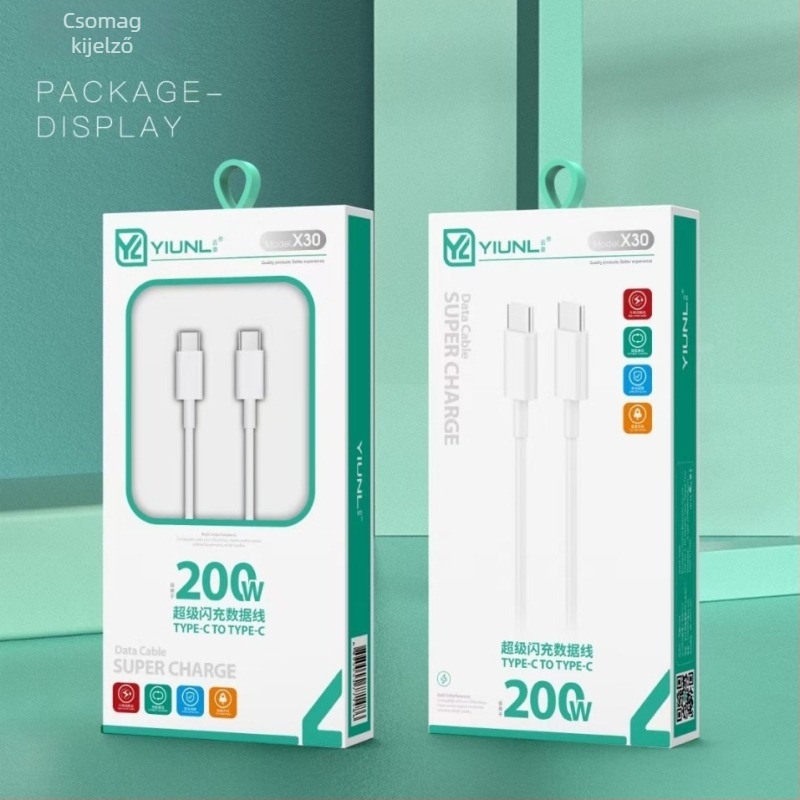 66W USB Type-C kábel C-to-C Huawei és Xiaomi készülékekhez – gyorstöltés okostelefonokra, tabletekre és laptopokra, max 200W