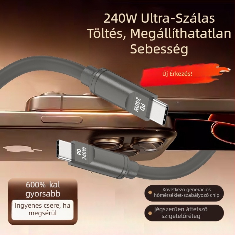 PD240W szilikon adatkábel gyors töltéssel, Lightning és USB-C csatlakozókkal, 1–2 m, barna, kompatibilis laptopokkal, tablettákkal és okostelefonokkal